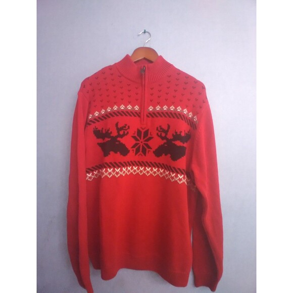 Chaps Quarter Zip Sweater Moose Fair Isle‎ Pullover Red Knit Sweater - Picture 4 of 6